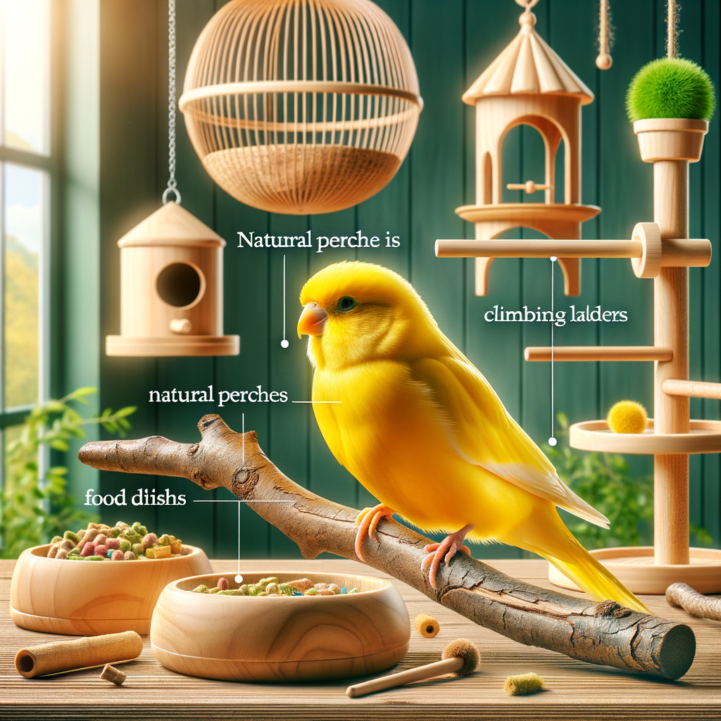 Canary bird perched on a natural wooden branch in a well-equipped habitat, illustrating the benefits of natural perches for canary bird care and health improvement.