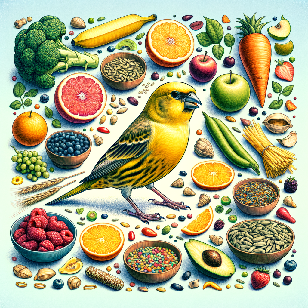 Happy canary bird enjoying a variety of fresh fruits, seeds, and vegetables, demonstrating the benefits and importance of a varied diet for optimal canary birds nutrition and health.