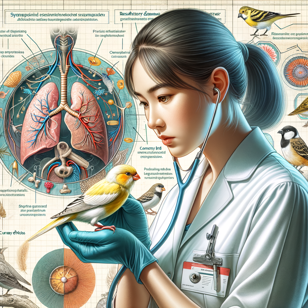 Veterinarian examining a canary bird for respiratory issues, with bird respiratory system illustration and list of symptoms and treatments for respiratory diseases in birds, focusing on canary bird care.