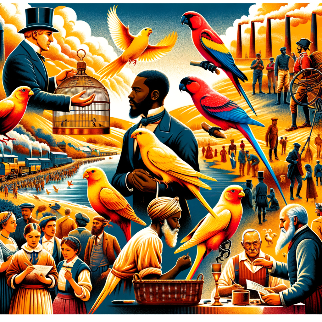 Vivid illustration showcasing the historical significance and cultural impact of Canary Birds in human culture, highlighting key events and human interaction with these birds.