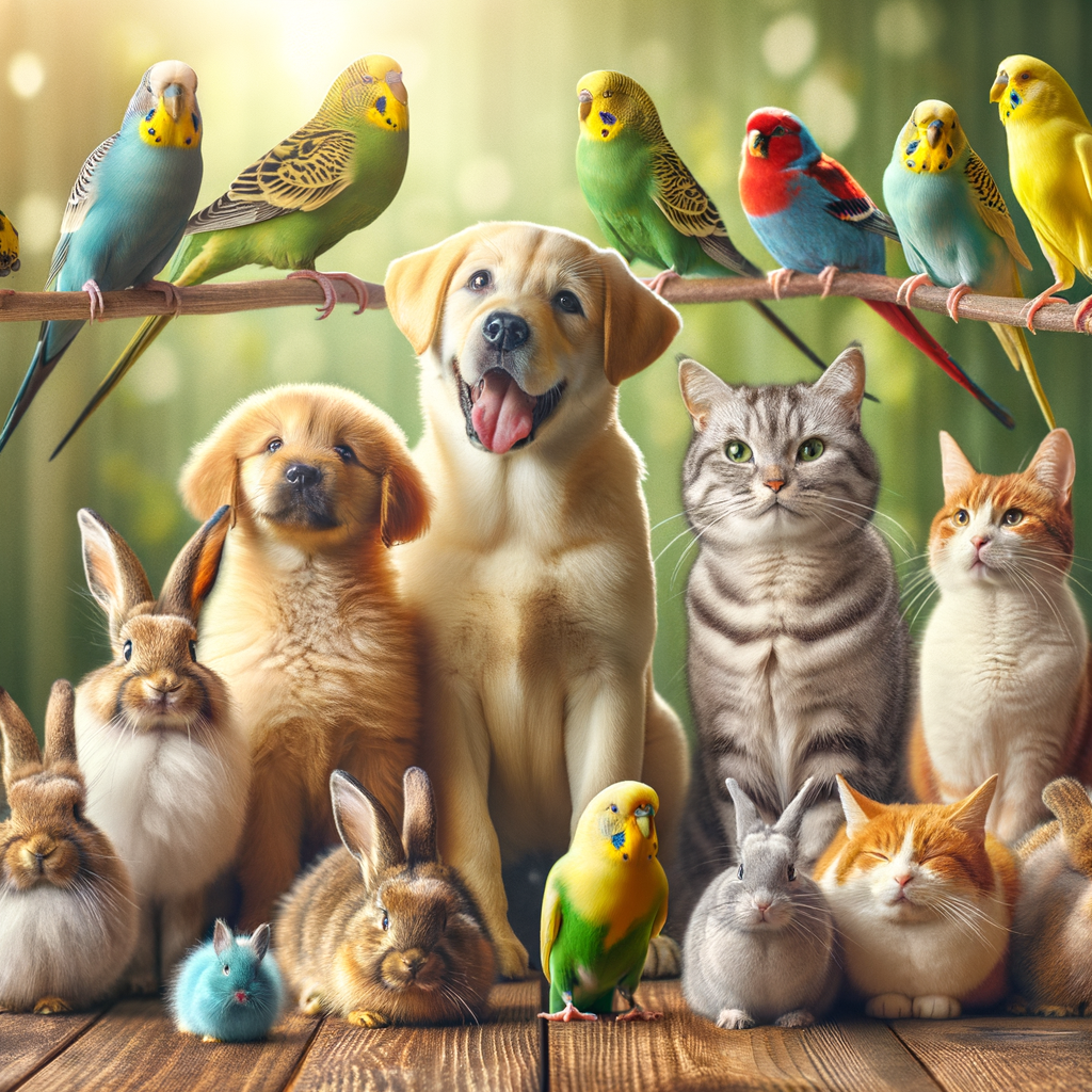 Canary birds socializing and interacting positively with other pets like dogs, cats, and rabbits, showcasing the social benefits and positive behavior changes from bird socialization.