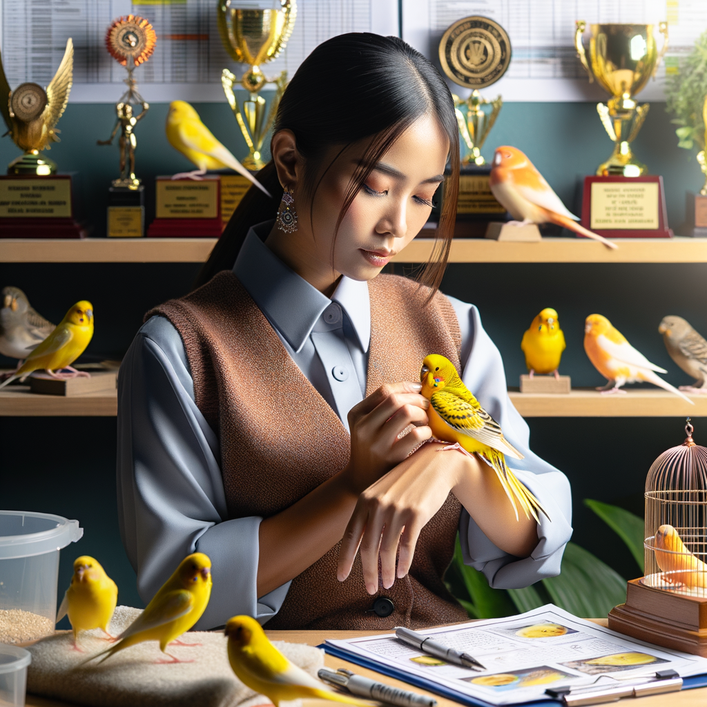 Professional bird handler preparing a yellow canary for a competition, showcasing excellence in Canary Bird Shows and strategies for participating in bird competitions