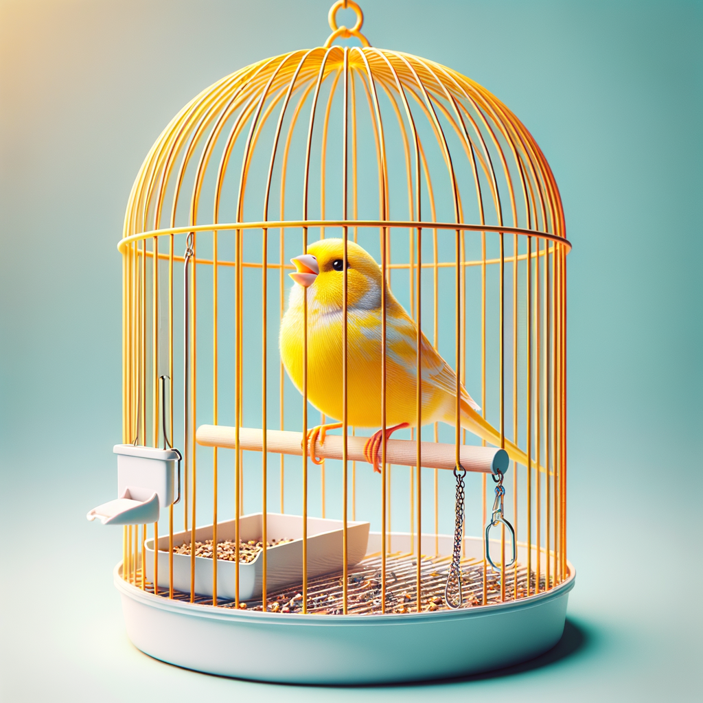 Cheerful canary bird perched on a swing in a cage, showcasing the advantages of pet canaries, benefits of having a canary bird as a pet, and reasons to choose a canary for easy pet care.