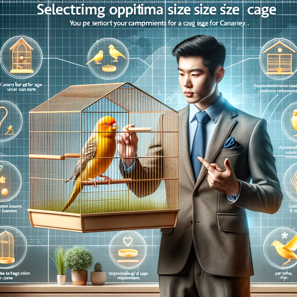 Expert guide illustrating the selection of the right size cage for canary bird, focusing on canary bird cage requirements, proper cage size for canaries, and canary bird care, with a depiction of an ideal canary bird habitat.