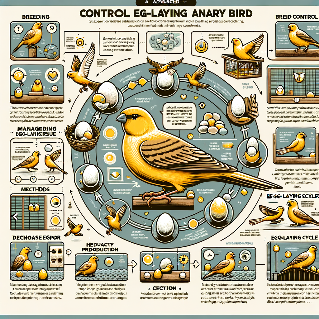 Infographic illustrating effective strategies for reducing egg-laying in canary birds, including breeding control methods, managing egg-laying habits, and techniques to lower egg production, along with a depiction of the canary birds' egg-laying cycle.