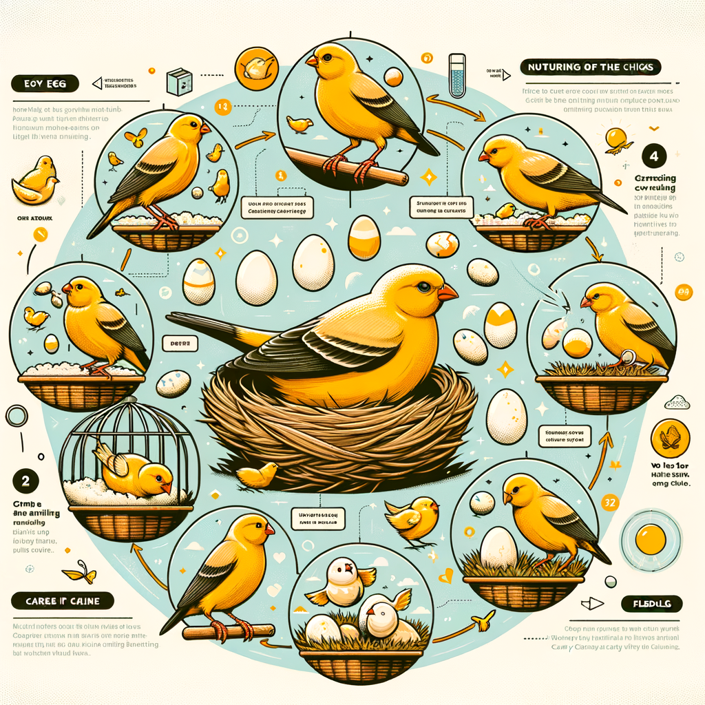 Infographic illustrating the canary bird lifecycle from hatching eggs to raising chicks, with comprehensive canary bird breeding guide for home breeders, showcasing canary bird care, chick development, and fledgling care.