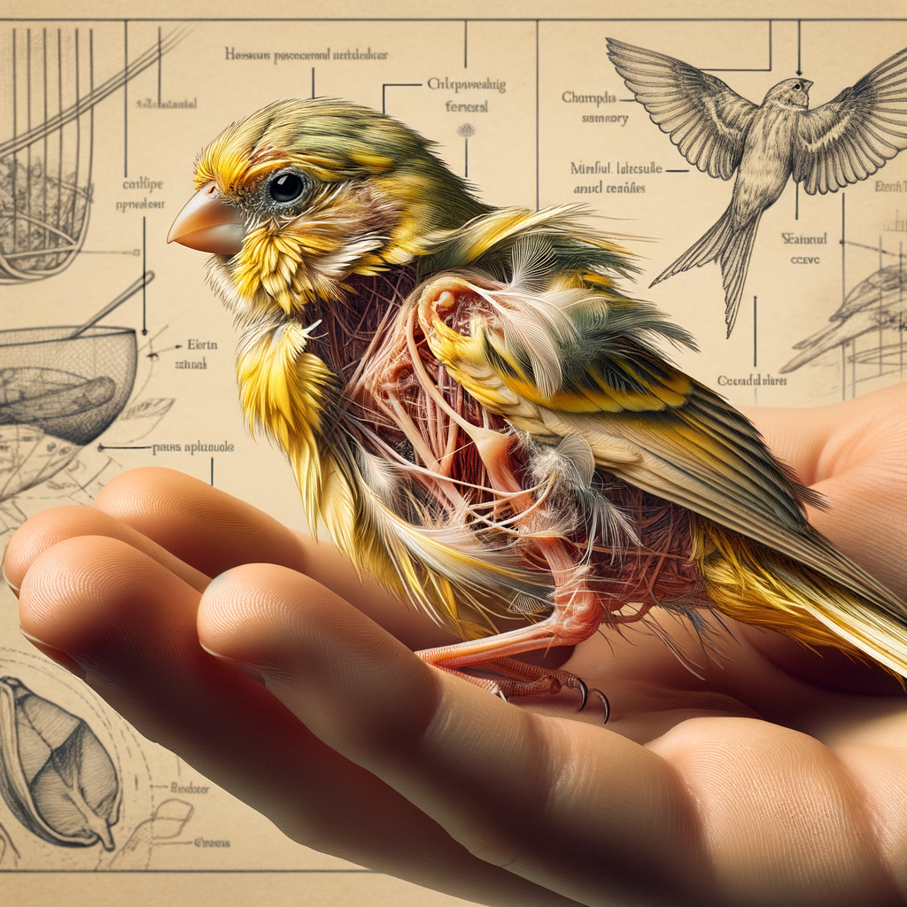 Canary bird molting with clear signs of feather loss and new growth, perched on caretaker's hand indicating proper Canary bird care during molting period, with background diagrams explaining the molting process in birds.