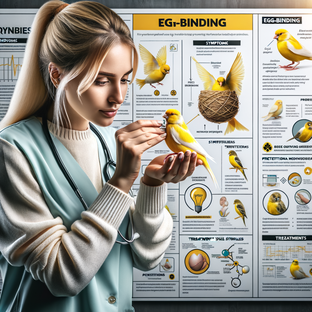 Veterinarian examining a female canary for egg-binding symptoms, with infographic on recognizing, preventing, and treating egg-binding in canaries, and guide on canary bird health, breeding problems, and egg-laying issues.