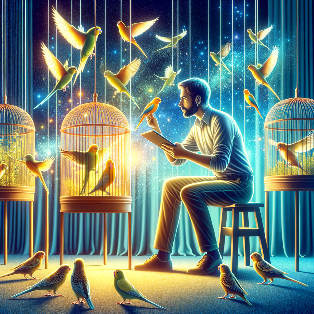 Professional bird trainer establishing harmony among multiple canary birds, showcasing peaceful canary bird behavior and interaction in a well-lit aviary, symbolizing successful canary birds cohabitation and care.