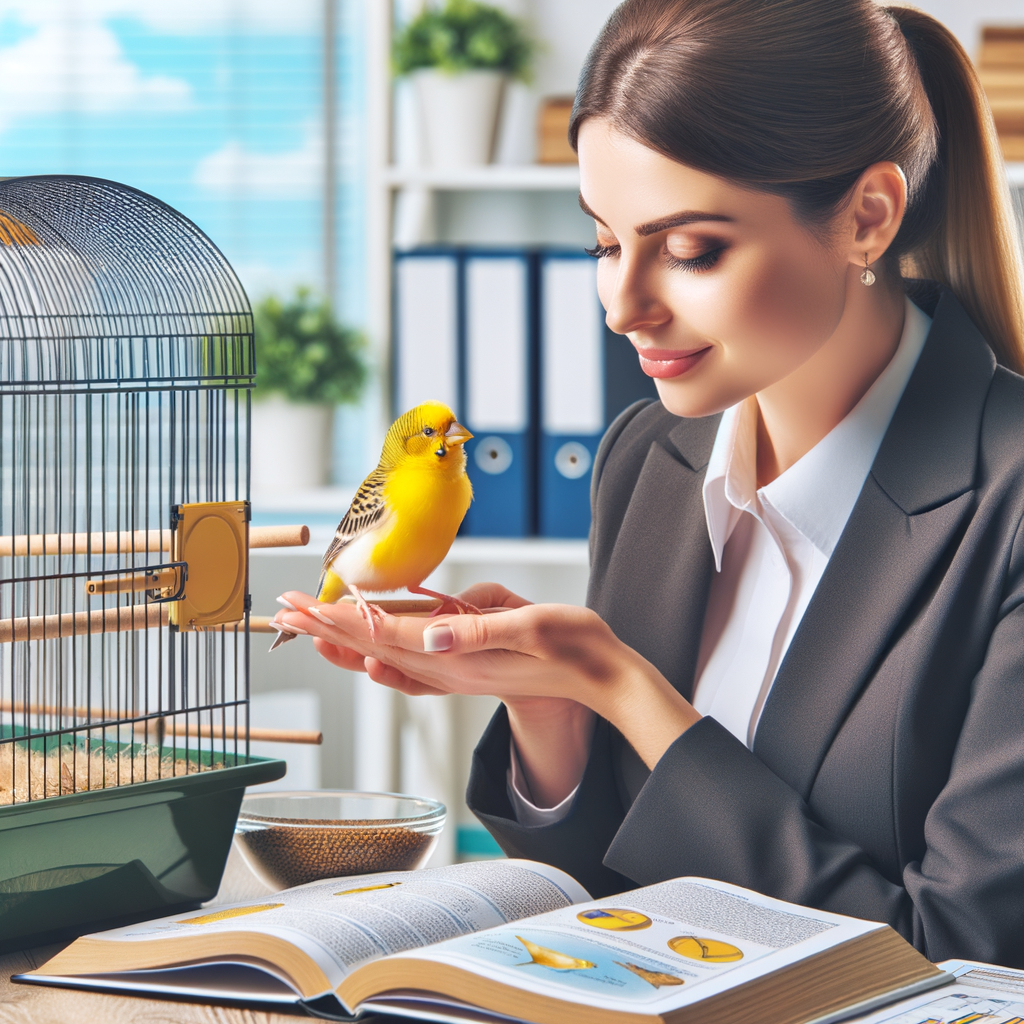 Professional woman bonding with cheerful canary bird, demonstrating canary bird care and companionship, with a book on understanding canary bird behavior and tips for building a strong relationship with canary birds.