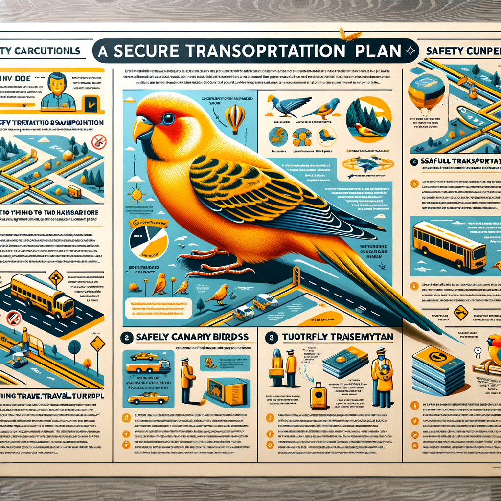 Infographic illustrating key elements of a safe transport plan for canary birds, including safety measures, travel guide, and tips for transporting canary birds safely.