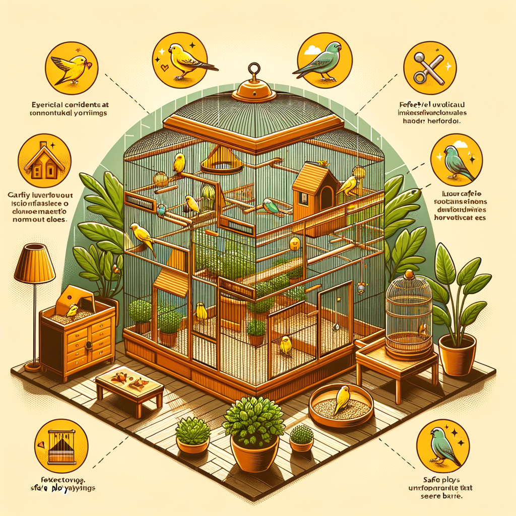 Canary bird care essentials featuring a spacious cage, bird-friendly plants, and safe toys in a well-organized indoor bird environment, demonstrating how to create a safe and protective home environment for canary birds.