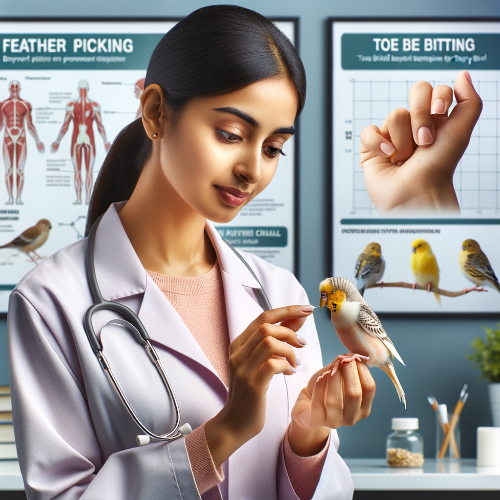 Veterinarian demonstrating strategies to prevent feather picking and stop canary birds from biting their toes in a clinic, with charts of canary bird behavior problems and feather picking solutions in the background.