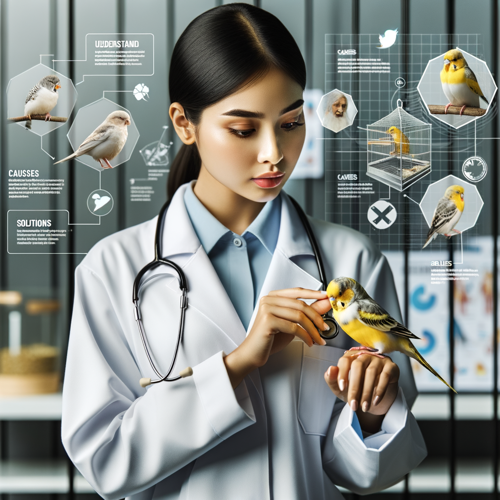 Veterinarian examining aggressive canary bird, with infographics explaining causes and solutions for canary bird aggression signs, addressing bird behavior problems and providing bird aggression solutions.