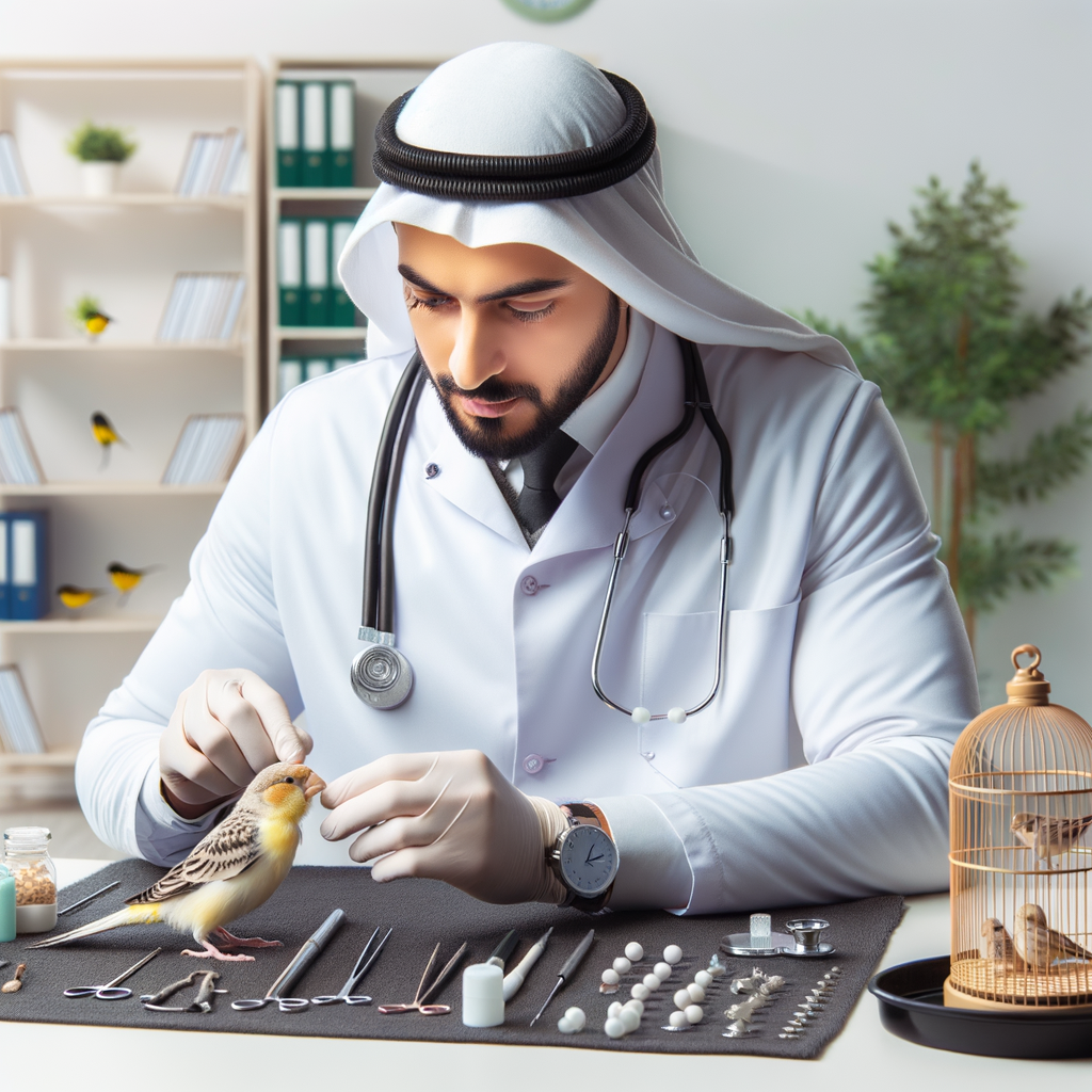 Veterinarian examining canary bird for common illnesses, showcasing bird disease prevention tools and emphasizing on understanding canary bird diseases for feathered friends health.