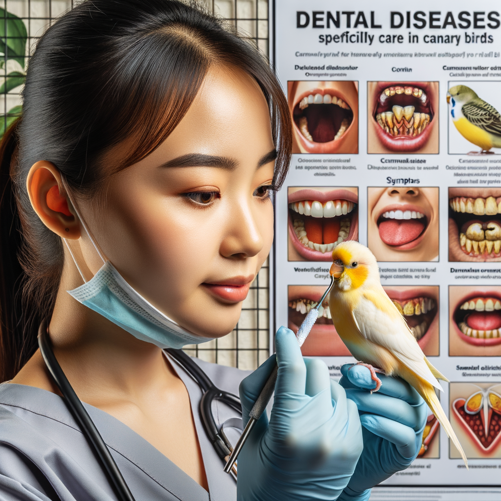 Veterinarian examining canary bird's beak for dental problems, highlighting the importance of oral health and dental care for canary birds, with a checklist of symptoms and guide for treating dental diseases in pet birds.