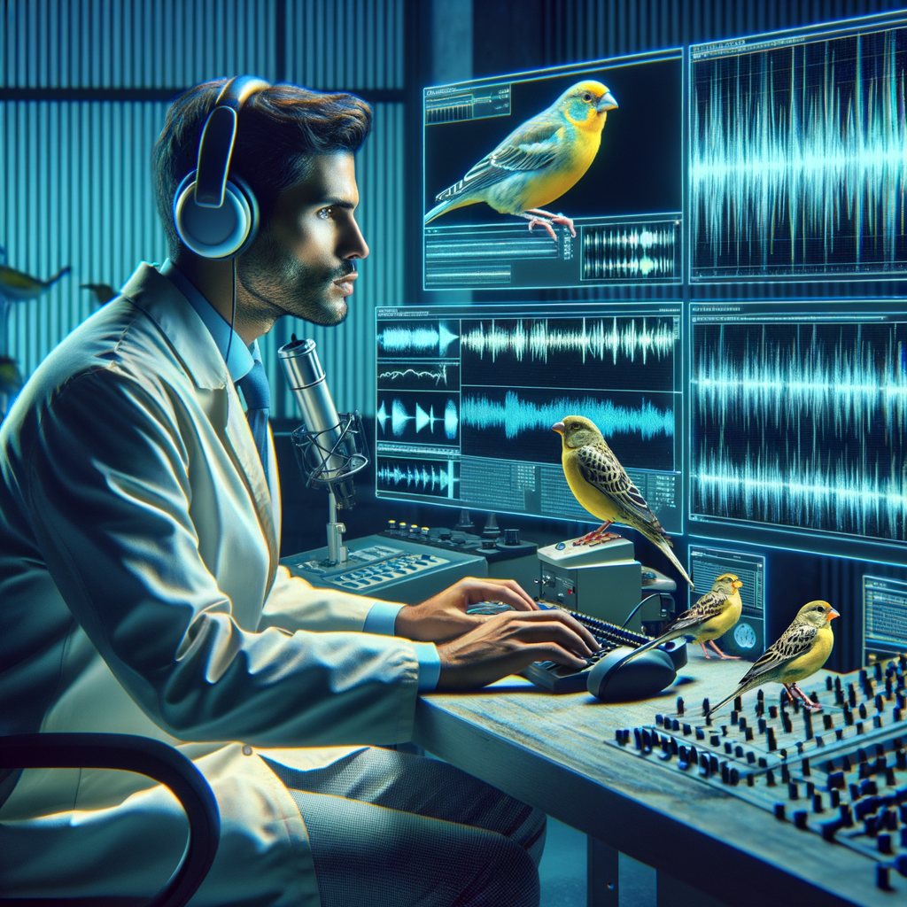 Ornithologist conducting birdsong analysis for understanding and interpreting Canary birds songs and calls, decoding birdsong meaning, and identifying bird call for better understanding of Canary birds communication and behavior.