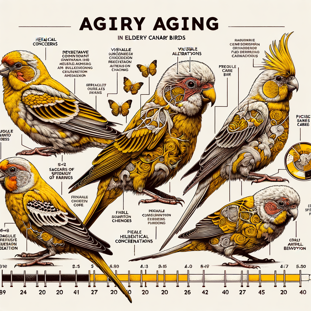 Illustration highlighting canary birds aging signs, symptoms of old age, changes in physical appearance and behavior, health issues, and care required for aging canary birds, along with a timeline representing canary birds lifespan.