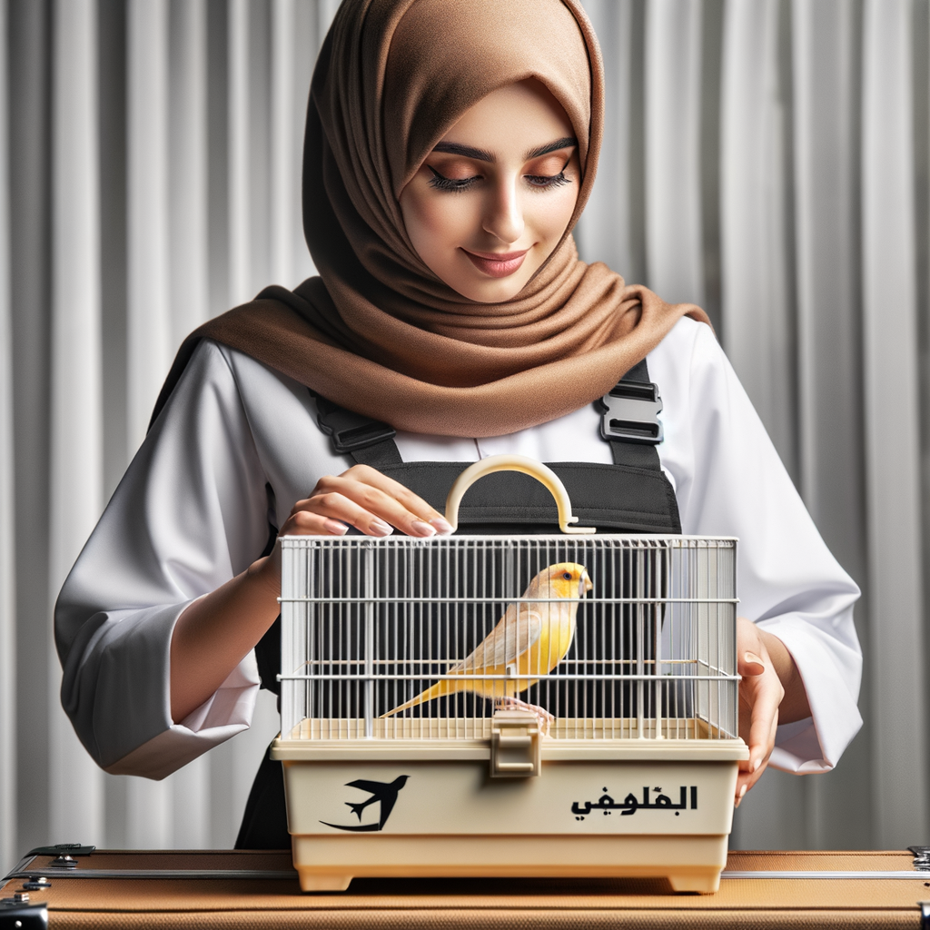 Professional bird handler safely placing a canary bird into a ventilated bird transport cage, demonstrating canary bird travel safety and care during transport for a guide on how to safely transport birds.