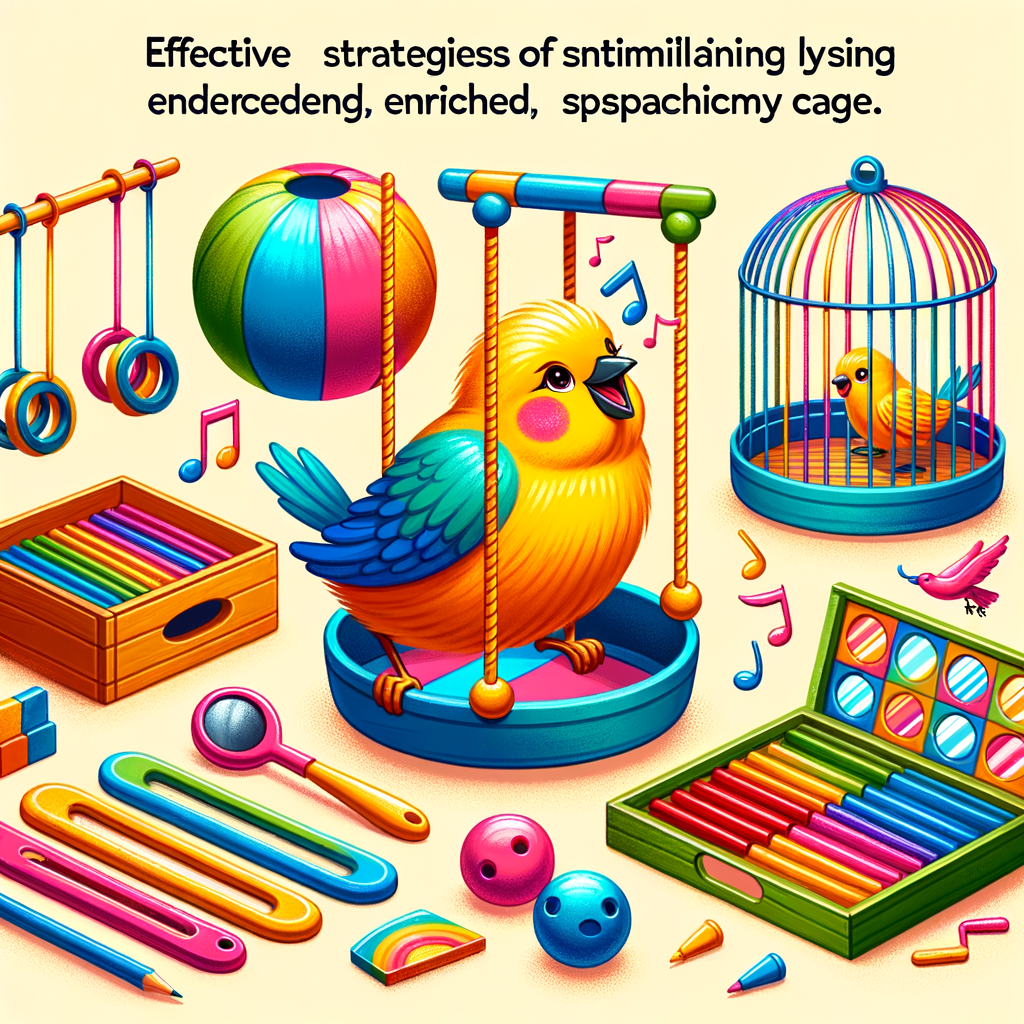 Canary bird engaging in interactive activities with various canary bird toys like swings, ladders, and mirrors in its enriched cage, showcasing effective ways for canary bird entertainment and stimulation.