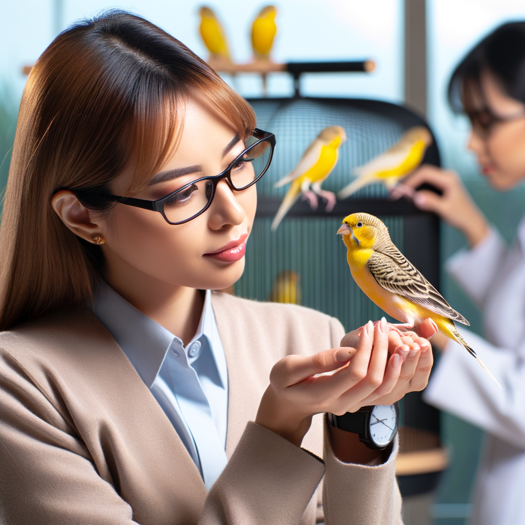 Professional bird handler assisting a nervous canary bird to adapt to a new environment, demonstrating overcoming fear in birds and highlighting changes in canary bird behavior for effective canary bird care.
