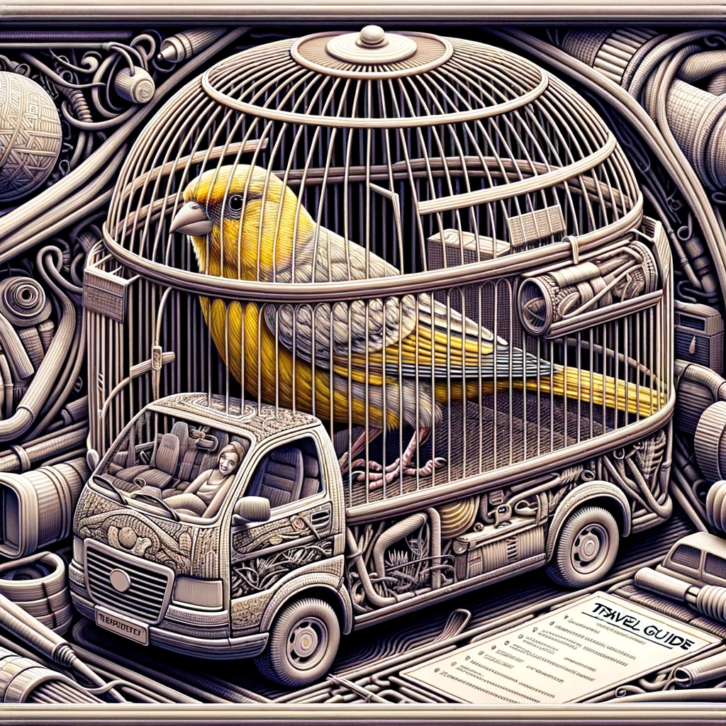 Canary bird in a secure travel cage inside a vehicle, with a Canary Birds Travel Guide and Bird Transportation Tips checklist for safe bird travel and transporting canaries safely.