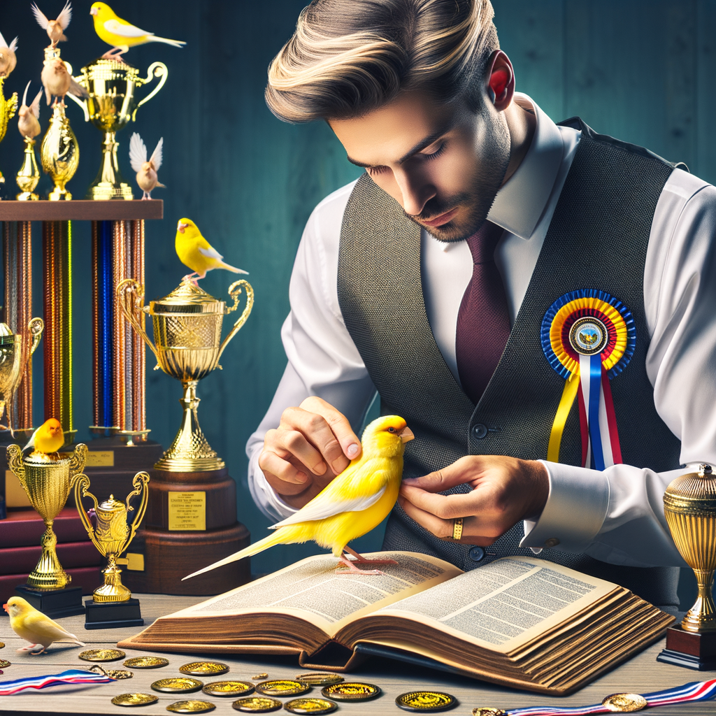 Professional bird handler preparing a yellow canary for a bird show, surrounded by awards from past canary bird competitions, with a guidebook on canary bird show guidelines in the background