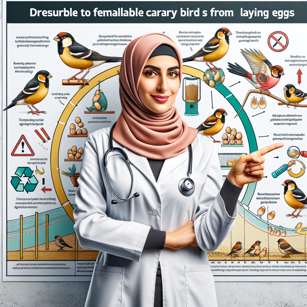 Expert vet demonstrating canary bird care, including preventing canary birds from laying eggs, understanding the canary bird egg laying cycle, and tips for canary bird breeding prevention, along with an infographic on canary bird health and behavior.