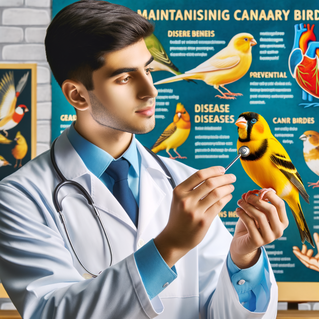 Professional vet demonstrating canary bird health strategies, feeding vibrant canary bird for sickness prevention, with a guide on keeping canary birds healthy and preventing bird diseases in the background.