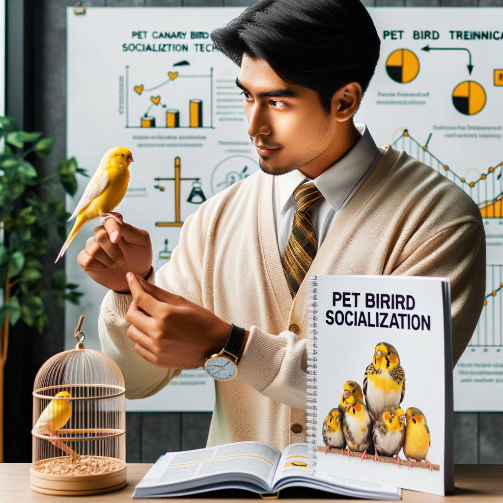 Professional bird trainer demonstrating techniques for socializing canaries, highlighting the importance of understanding canary bird behavior and implementing pet bird socialization techniques for optimal training.