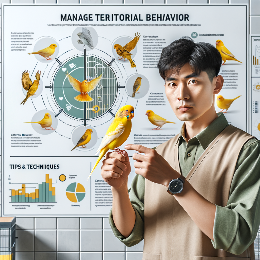 Professional bird trainer demonstrating techniques for managing territorial behavior in a yellow canary bird, infographic with tips for understanding and handling canary bird behavior in the background