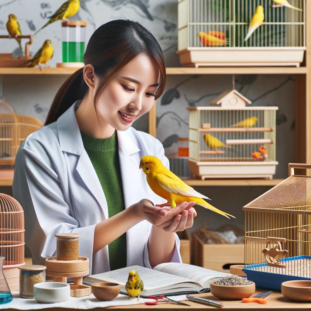 Professional bird trainer teaching tricks to a vibrant yellow canary bird, demonstrating Canary bird training techniques, bird care essentials, and showcasing trained Canary bird behavior and performance skills.