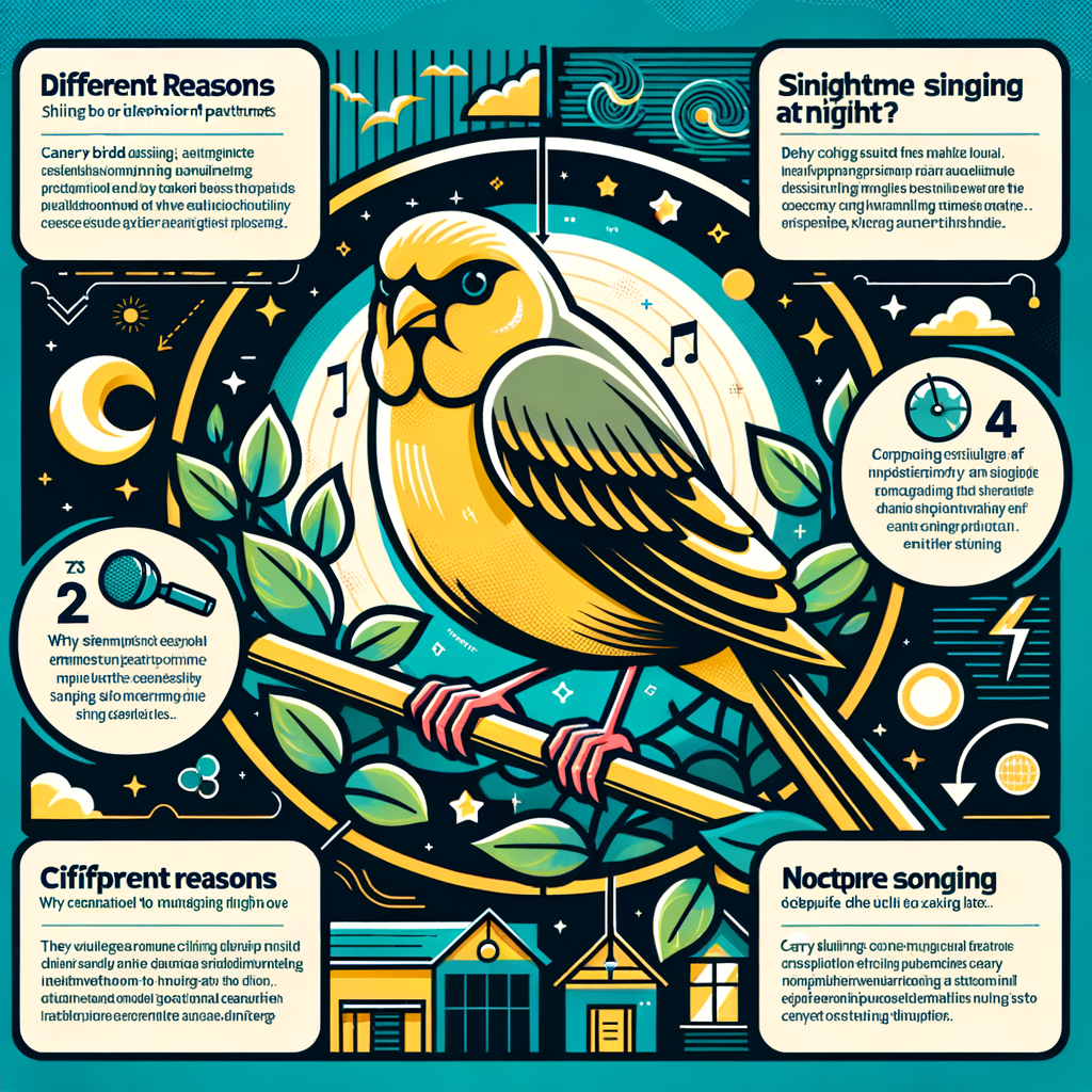 Infographic explaining the reasons for canary birds singing at night, showcasing their nighttime behavior, and providing steps on how to manage and prevent this nocturnal singing.