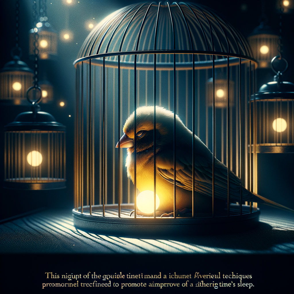 Peaceful sleeping canary bird in a dimly lit cage, illustrating night silence and encouraging bird sleep as part of a canary night routine for improving canary sleep habits.