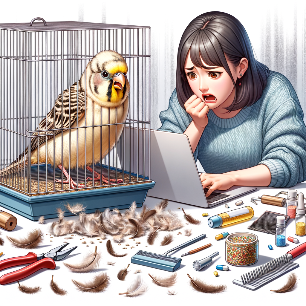 Pet owner researching canary bird health issues and solutions to stop canary from feather pulling, showcasing canary bird self-mutilation, canary feather loss, and various tools for canary bird care.