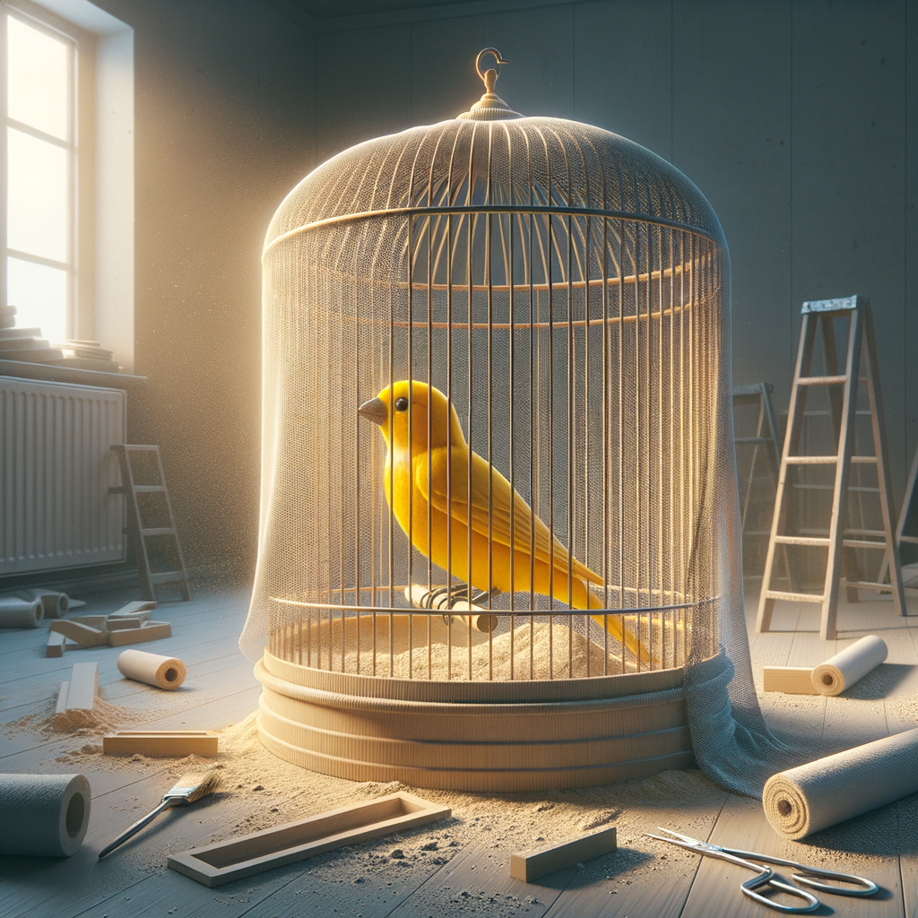 Canary bird safely secured in a dust-covered cage in a quiet room, demonstrating precautions for bird safety during home renovations and emphasizing the importance of canary bird care during construction.