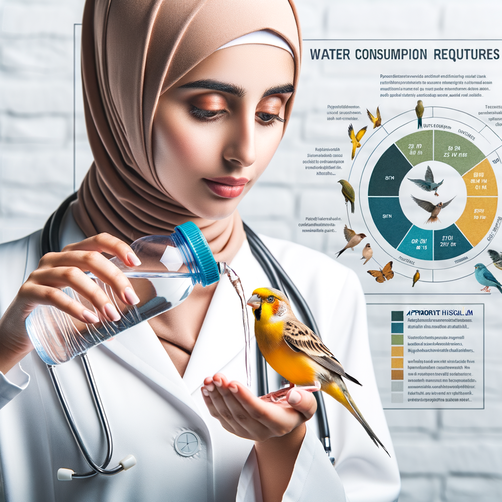 Veterinarian hydrating a canary bird, demonstrating proper hydration steps for birds, with an infographic on canary birds' water needs, bird hydration tips, and maintaining bird hydration for canary birds' health and care.