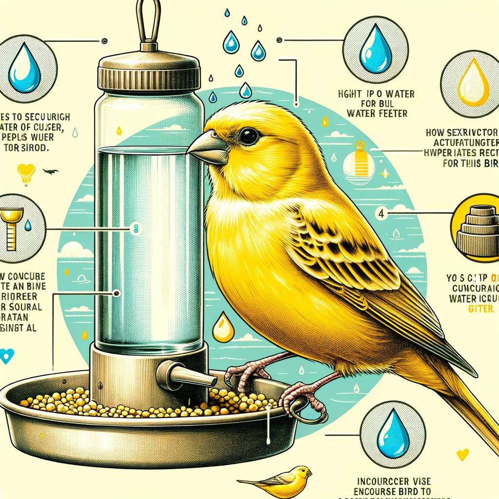 Canary bird hydrating at a water feeder, illustrating the importance of adequate water intake for birds and providing tips for encouraging canary birds to drink, ensuring proper hydration.