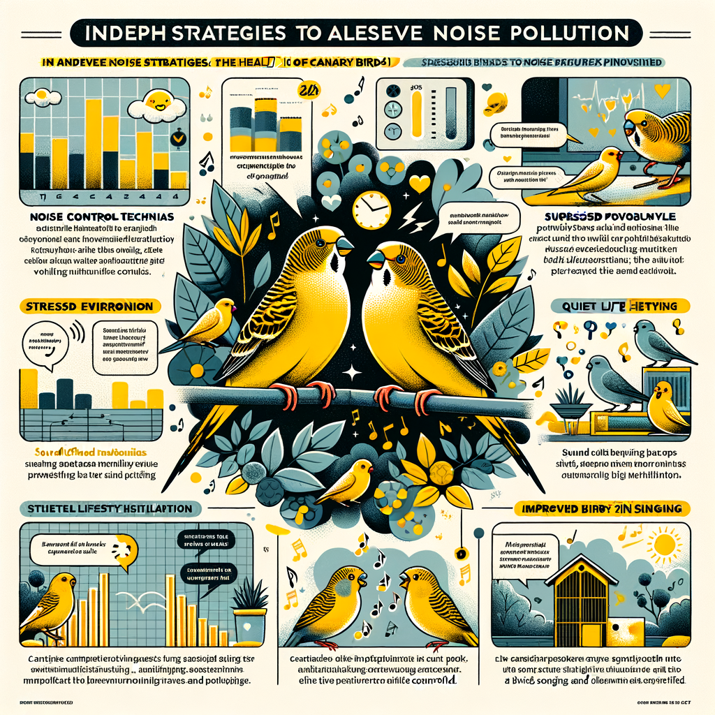 Infographic detailing measures for reducing noise pollution for canary birds, showcasing noise control techniques, effects of noise pollution on bird health, and benefits of preventing noise pollution in bird habitats.