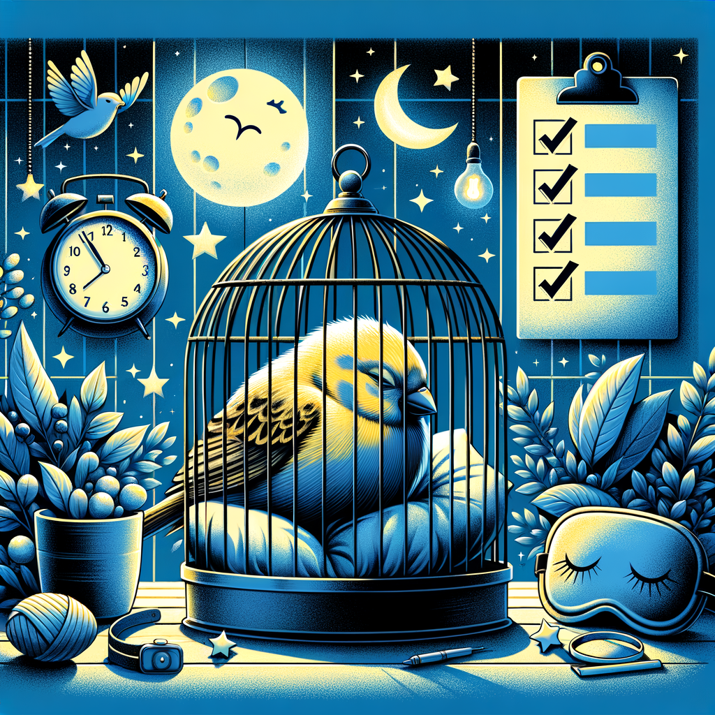 Canary bird peacefully sleeping in a quiet, darkened room with a comfortable cage, illustrating healthy sleep patterns, night routine, and tips for improving canary bird sleep to address common sleep issues.