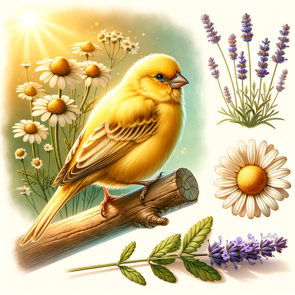 Canary bird peacefully perched on a branch surrounded by natural remedies like chamomile and lavender, symbolizing natural treatments for alleviating bird anxiety and stress relief.