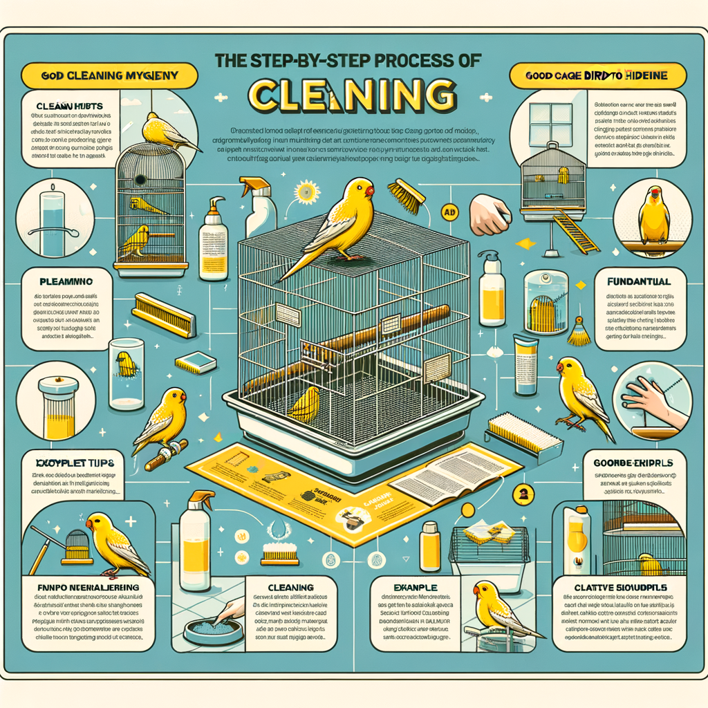 Step-by-step infographic on Canary bird cage cleaning, showcasing bird cage cleaning methods, tips for cleaning bird cages, and emphasizing the importance of cage hygiene for Canary bird health and care.