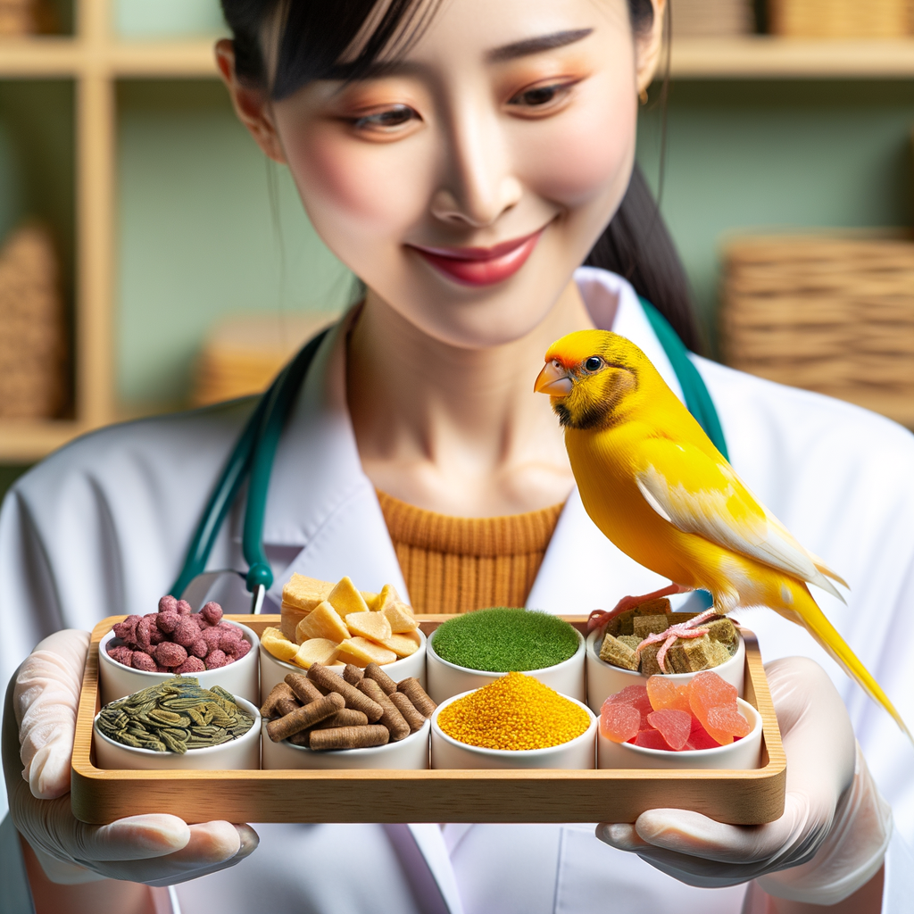 Veterinarian introducing new, nutritious foods to a canary, emphasizing the importance of dietary diversity and variety in a healthy canary bird diet for optimal nutrition.