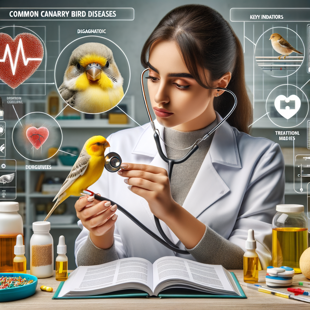Veterinarian examining a canary bird, identifying symptoms of common canary bird illnesses, with tools for diagnosis and treatment, and a guidebook on canary bird care and health tips for preventing health issues.