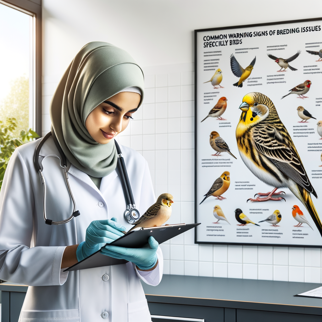 Veterinarian examining canary birds for breeding problems, with a chart of warning signs and health issues in the background