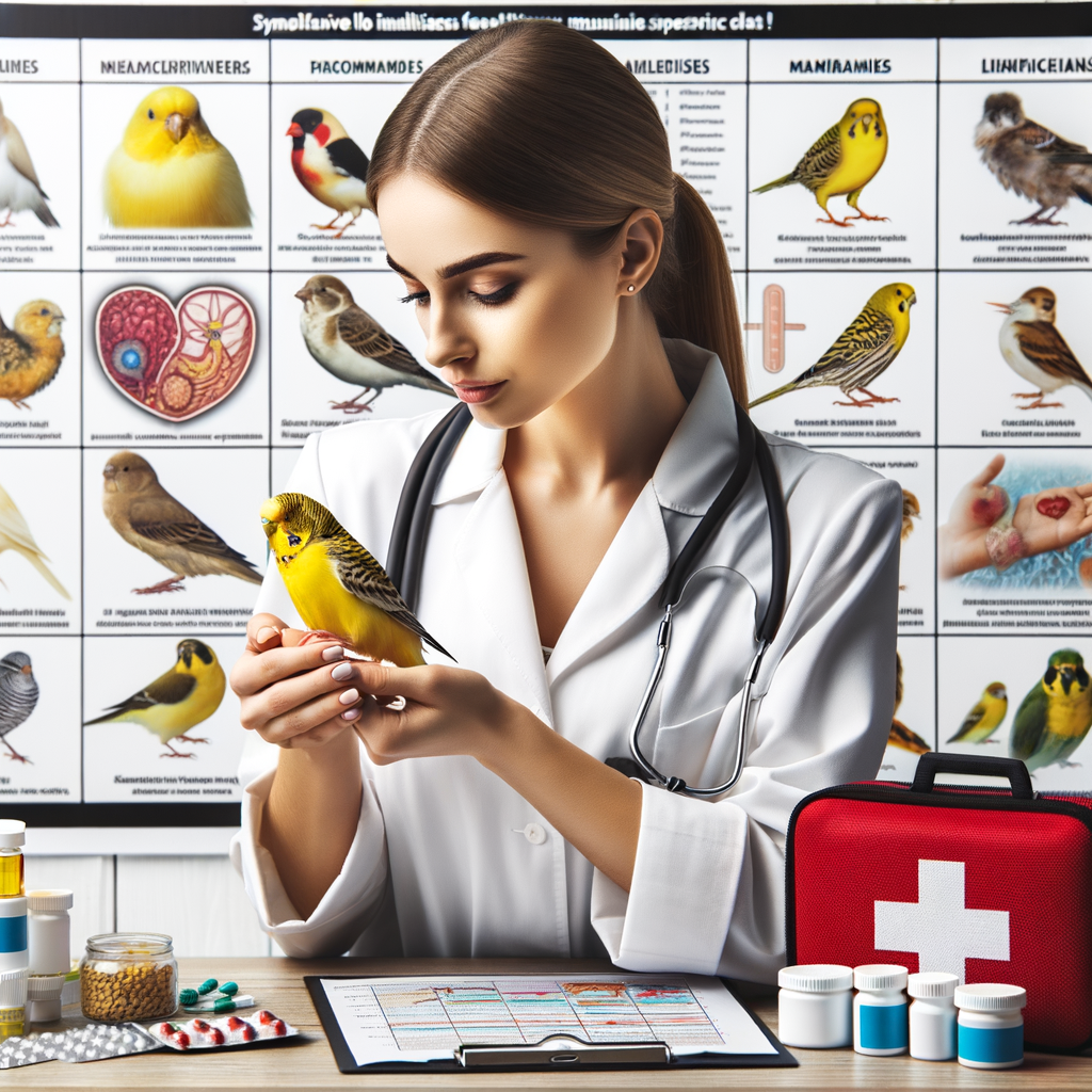 Veterinarian examining a canary bird for illness signs, with a chart of canary bird health issues and symptoms, guide for identifying bird illness, and a first aid kit for canary illness treatment