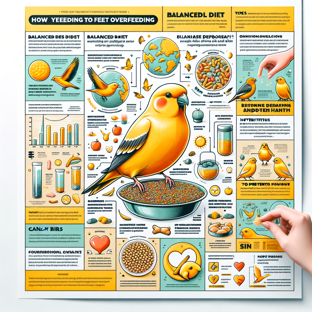 Infographic illustrating canary birds feeding techniques, preventing bird overfeeding, and showcasing a balanced canary bird diet for optimal bird health and care.