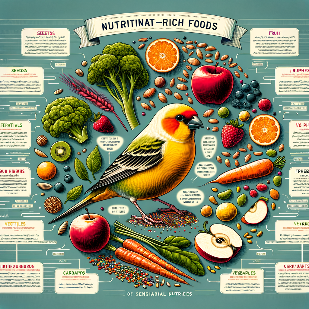 Infographic illustrating the best nutrient-rich foods for a healthy canary bird diet, including seeds, fruits, and vegetables, as part of a comprehensive canary bird feeding guide.