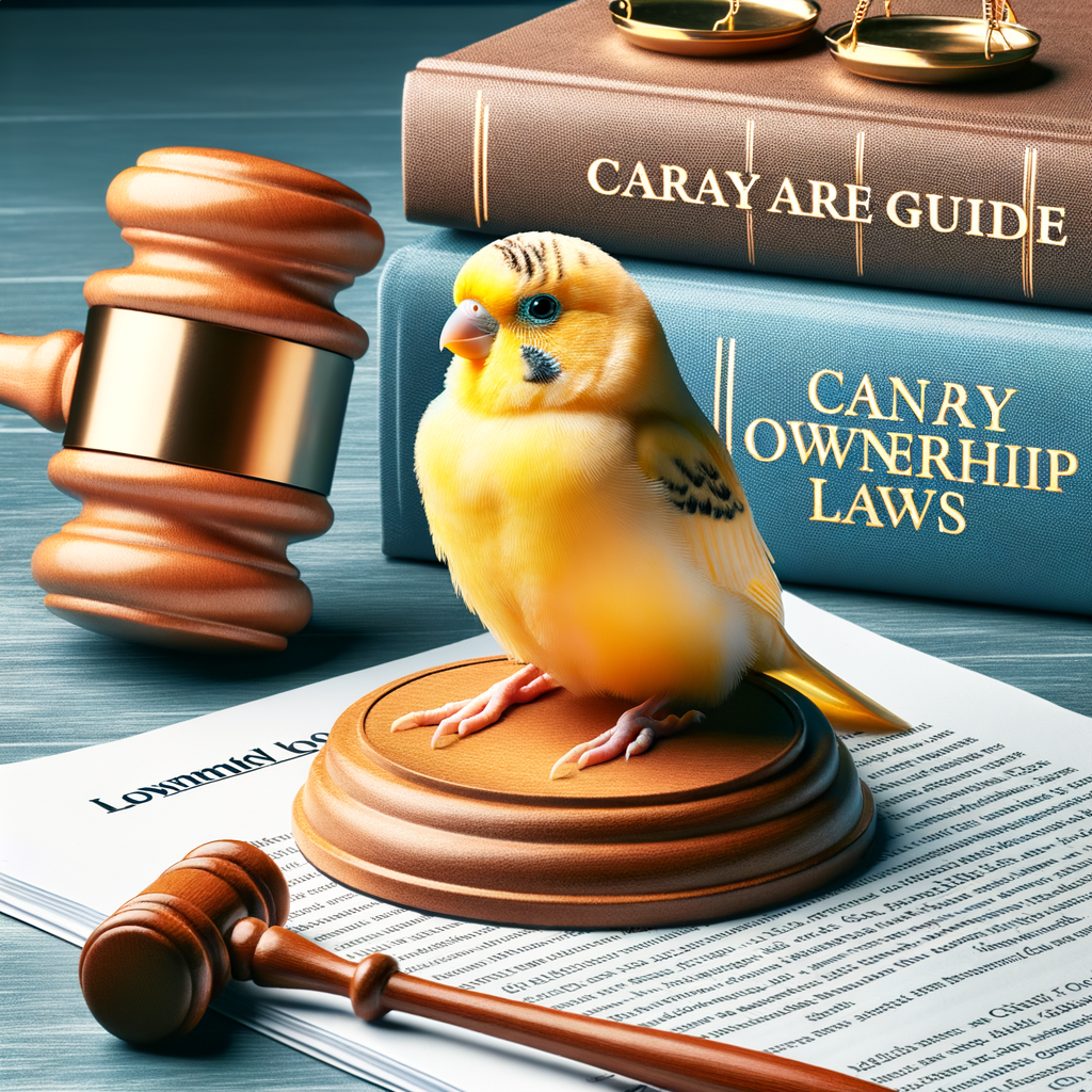 Canary bird perched on a gavel, representing legal aspects of bird ownership, with a Canary Bird Care Guide and Canary Bird Ownership Laws document, illustrating the responsibilities and legal requirements of owning a Canary bird.