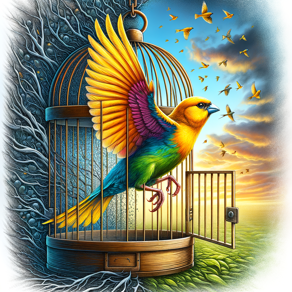 Canary bird transitioning from cage to free flight, highlighting the debate over bird caging and the controversy surrounding canary birds' living conditions for cage freedom.